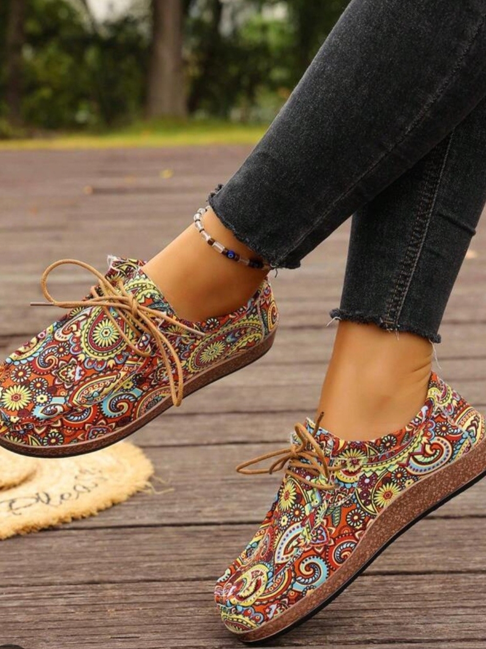 Women's Paisley Lace-Up Casual Sneakers -  Bohemian Style Size:39